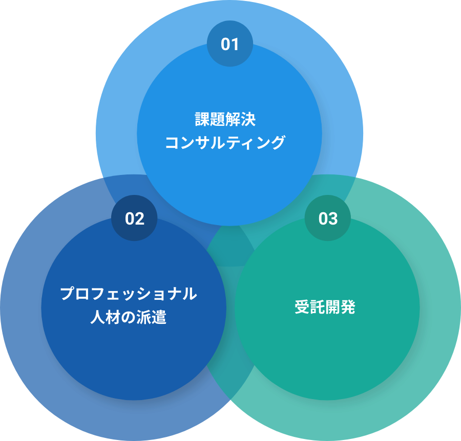 「課題解決コンサルティング」「プロフェッショナル人材の派遣」「受託開発」の図
